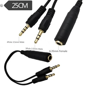 6.35mm Female Stereo to 3.5mm 3 Pole + 4 Pole Male Audio Splitter Adapter Cable - Picture 1 of 12