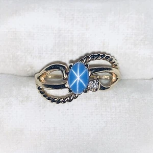 14k Gelbgold Ovalschliff Stern blauer Saphir & Diamant Bypass Split Ring Größe 5 - Bild 1 von 6