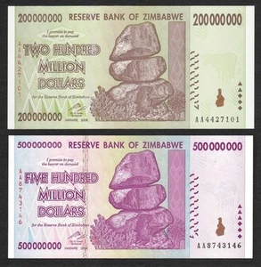 Zimbabwe Set 200 500 milioni di dollari 2 pz prefisso AA 2008 P-81 82 disponibile - Foto 1 di 4