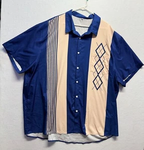 Mens Short-Sleeve Button-Up Bowling Shirt Argyle Patterns Blue & Beige Size 5XL - Picture 1 of 7