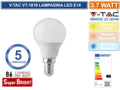 CONFEZIONE 5 LAMPADINE V-TAC VT-1819 LAMPADINA LED E14 3,7W MINIGLOBO P45 320LM - Immagine 1 di 2