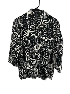 Ios Abstract Button Front Shacket Black White Sz Large Silk Linen Art To Wear - Picture 1 of 9