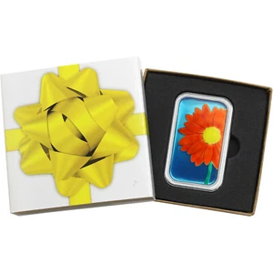 Orange Daisy 1oz .999 Fine Silver Hand-Enameled Bar in Custom Yellow Bow Box - Picture 1 of 8