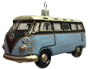 Blau Vintage Look Hippie Bus Auto poliertes Glas Weihnachtsschmuck Made in Poland - Bild 1 von 2