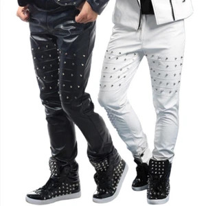 Hombres Mojado Look Imitación Cuero Pantalones con Tachuelas Showman Club Nocturno Pantalones Disfraz - Imagen 1 de 17