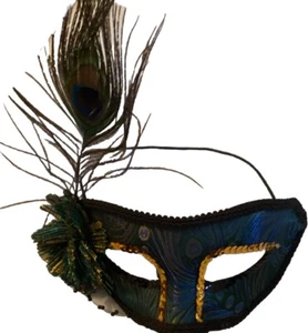 Peacock Feathers and Blue Green Sequin Masquerade Mask Mardi Gras Carnival - Picture 1 of 1