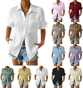 Women Summer Shirts Short Sleeve Blouse Ladies Slim Fit Button Down Tops S-5XL