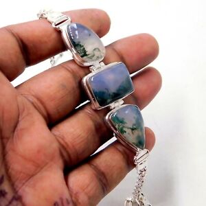 Natural Moss Agate 925 Sterling Silver Plated Handmade Jewelry Bracelet 25 Gm