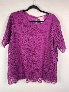 Philosophy XXL Purple Lace Blouse Short Sleeve Lined Sheer Overlay Top - Picture 1 of 6