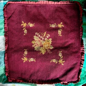Vintage/Ameise? Nadelspitze Kissenbezug weinrot scharlachrote Wolle Ripsband Rüschenborte! - Bild 1 von 15