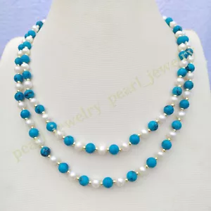 36" Natural Akoya 6-7mm White Pearl Round Turquoise Necklace 14k Gold P - Picture 1 of 6