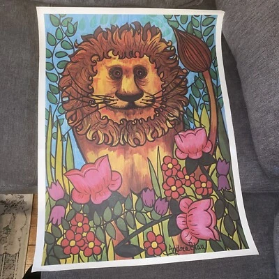 Винтажный поп-арт плакат лев цветы джунглей Андреа Блау 1979 Чикаго 25 дюймов x 19 дюймов - Изображение 1 из 4