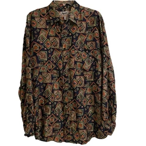 Vintage 90s IMPACT 100% Silk Men's Geometric Button Up M Long Sleeve Shirt Y2K - Picture 1 of 11