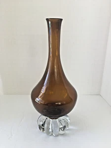VINTAGE ASEDA SWEDEN AMBER GLASS VASE MCM PAPERWEIGHT BASE - Picture 1 of 3