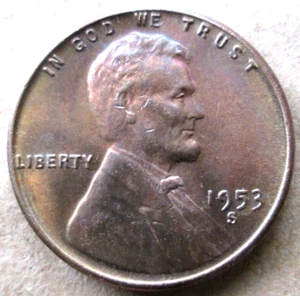 1953-S WHEAT CENT, MS+++ RED/BROWN COLOR, CIRCULATED - Picture 1 of 2