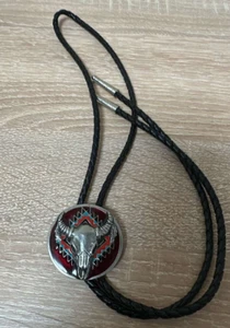 Vtg Steer Skull Western Pewter Black Cord Bolo Tie Siskiyou 1993 - Picture 1 of 3