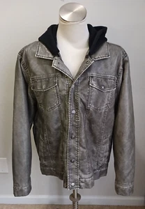 Route 66 Mens Faux Soft Leather Jacket Large Removable Hood Snaps Faded Gray - Picture 1 of 14