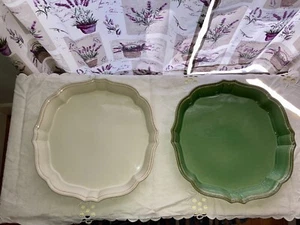 2 Grestal Stoneware Baking Casserole Dishes Scalloped Portugal 11” Green White - Picture 1 of 7