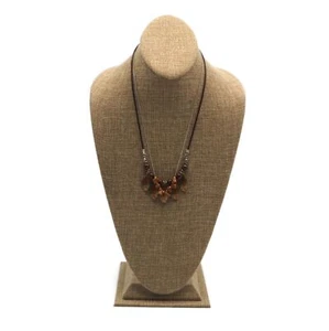 Silver Tone Two Strand Goldstone Agate And Glazed Embossed Leaf Pendant Necklace - Picture 1 of 12