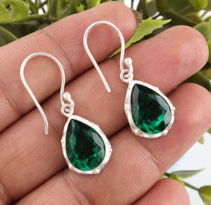 Green Emerald Lab-Created Gemstone 925 Sterling Silver Handamde Jewelry Earring - Picture 1 of 3