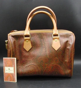 Etro Paisley Boston Bag Brown Tan Leather Top Handle Handbag Pad Lock "No Key" - Picture 1 of 9