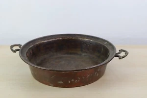 Antique Round Shallow Copper Planter Pot with Brass Handles Bottom 8" Diameter - Picture 1 of 11