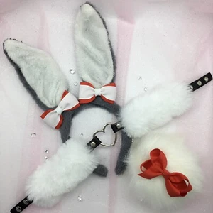 Maßgeschneidert Weiß Rot Hase Kaninchen Set BDSM DDLG PetPlay Ohren Halsband Schwanz - Bild 1 von 1