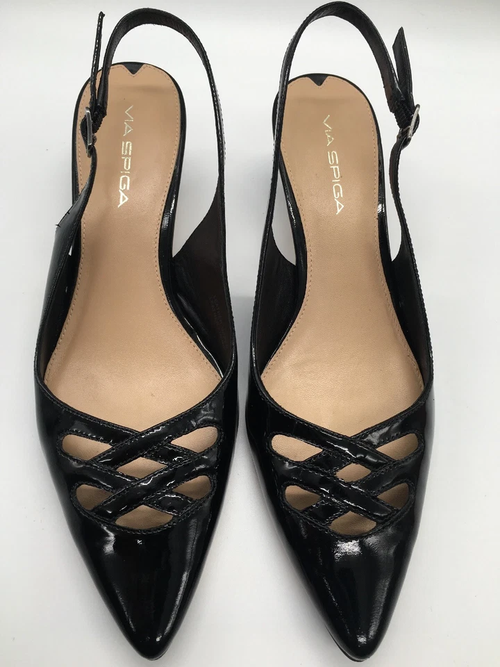 VIA SPIGA Mujer ITALIA Negro Charol CUERO Eslinga Trasera Gatito Tacones 8 N Foto 1 de 4