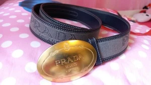 PRADA Logo Gürtel Blau Gold Große Schnalle Leder/Textil Gr 90cm Br. 4cm Selten! - Bild 1 von 10