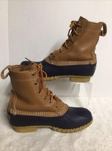 LL BEAN Bottes Canard Femme Taille 7 Imperméable 8” Haut Marron Cuir Bleu Caoutchouc USA - Photo 1/9