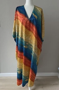 WINLAR Kaftan Sz OS Fits Cruise Vacation Teal Orange Yellow Shells Beach EUC - Picture 1 of 13