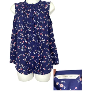 LC by Lauren Conrad Blue Floral Print Top Blouse SMALL Sleeveless  - Picture 1 of 11