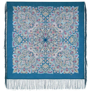 BLUE Russian Pavlovo Posad Shawl w/ Floral Pattern, Wool 1893-12, NIGHTINGALE