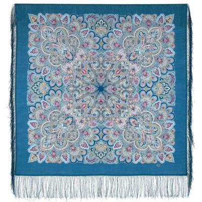 BLUE Russian Pavlovo Posad Shawl w/ Floral Pattern, Wool 1893-12, NIGHTINGALE - Image 1 of 3