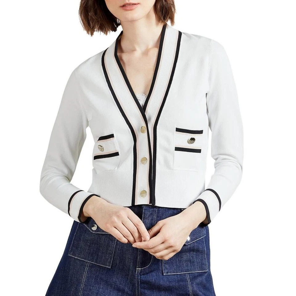 Suéter Top TED BAKER Blanco Azul Marino Rosa Cuello en V Novio Abotonado 4 TB = 12 US L Foto 1 de 4