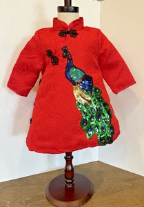 Red Asian Mandarin Collar Jacket Quilt Lining Sequined Peacock Frogs 100/52 NWT - Picture 1 of 24