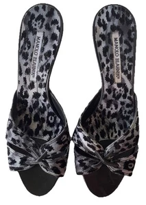 Manolo Blahnik Leopard Print Fabric W/Bow Detail Sandals 3 1/4” Heel Size 8.5 - Picture 1 of 13