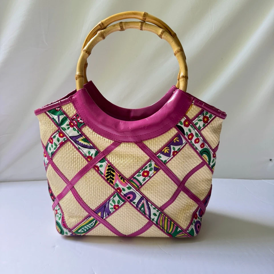 Vera Bradley Viva La Vera бамбуковая ручка соломенная сумочка средняя сумка с короткими ручками Дамская сумка снятая с производства  - Изображение 1 из 1