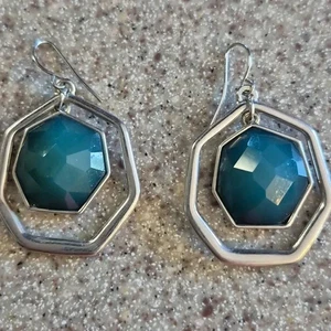 Silver and Teal Geometric Fashion Dangle Earrings - Picture 1 of 3