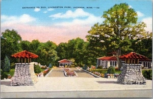 Tarjeta postal c1940 de Jackson, Mississippi "Entrada al zoológico, LIVINGSTON PARK" lino - Imagen 1 de 2