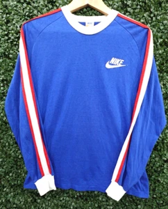 Nike Striped Long Sleeve Blue Shirt 70s Orange Swoosh Tag Made USA Vintage Sz M - Picture 1 of 6