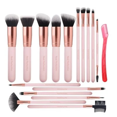 Juego de 16 brochas de maquillaje Real Perfection con maquinilla de afeitar para cejas - Kit de pinceles rosas Foto 1 de 4