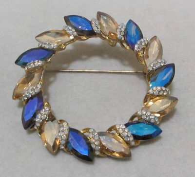 Blue & Beige Marquise Crystals Pave Rhinestones 2-3/8” Wreath Circle Brooch Pend - Image 1 of 4