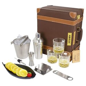 Portable bar set for drinks Set of three whiskey glass With Brown Leather  Box