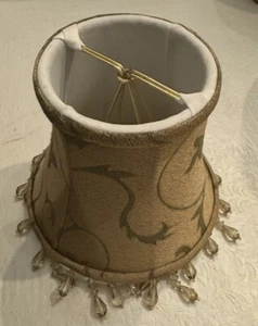4 Lamp Shade Gold Green Damask Fabric Beaded Trim Bell Shape 4” X 5” Clip On - Picture 1 of 3