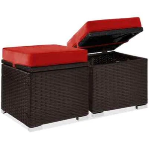 Brown Wicker Outdoor Ottomans Storage Box Footstool with Removable Red Cushions - Picture 1 of 7