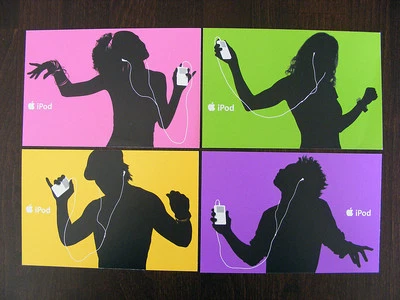 4 Apple iPod Werbekarten  GRÜN GELB PINK LILA  Merchandising Werbung  Glanz - Bild 1 von 4