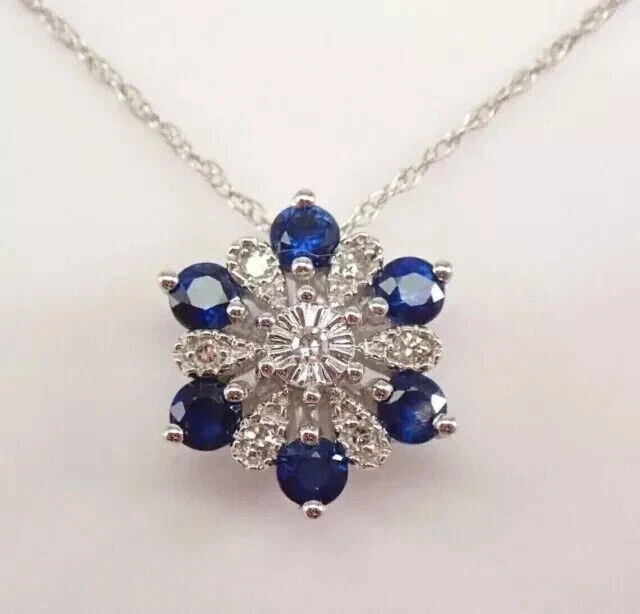 1.80Ct Round Cut blue Sapphire & Diamond Snow Flakes Pendant 14k White Gold Over - Image 1 of 4
