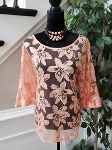 New Directions Women Peach Floral Rayon Round Neck 3/4 Sleeve Top Blouse Size 3X - Picture 1 of 14