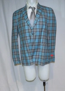 Isaia Sansevero Cashmere Blend Gray Teal Tartan Two Button Sport Coat 40R NWT - Picture 1 of 15
